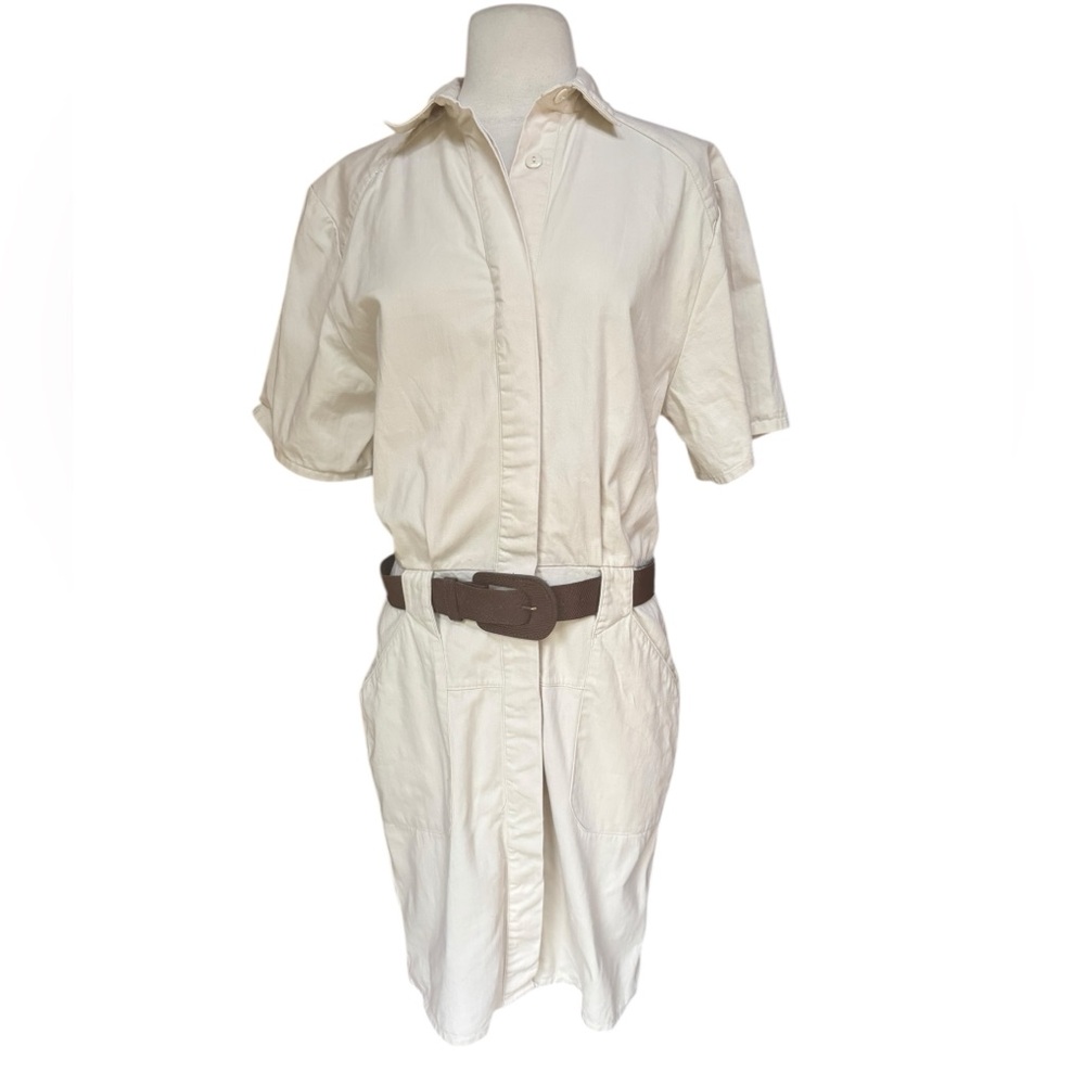 1990s Moda Int’l 100% Cotton, Made in USA, Light Beige‎ Front-Button Shirt Dress